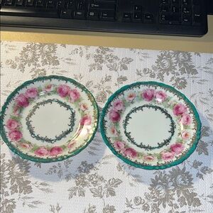 Vintage Floral Green and Pink Rose Eagle China Saucers